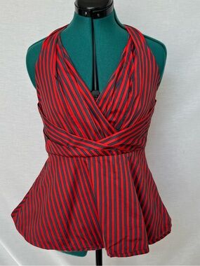Odille Red & Navy-Gray Blue Striped 100% Cotton Halter Peplum Top